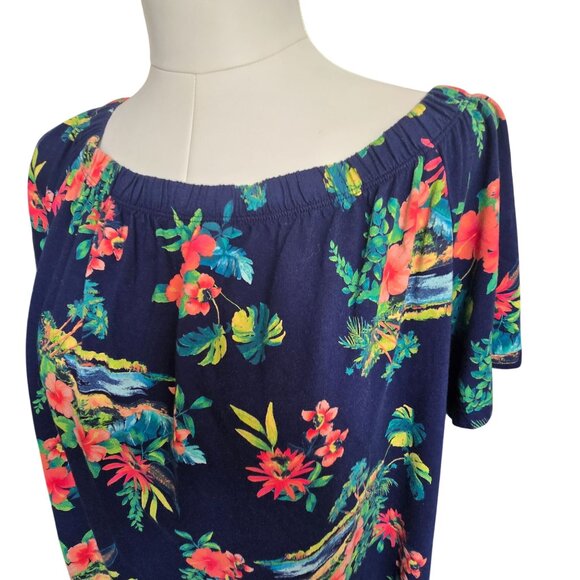 Lands End Hawaiian Floral Off-Shoulder Navy Dress With Ruffle Size XL 18 CM2012 - Picture 7 of 10